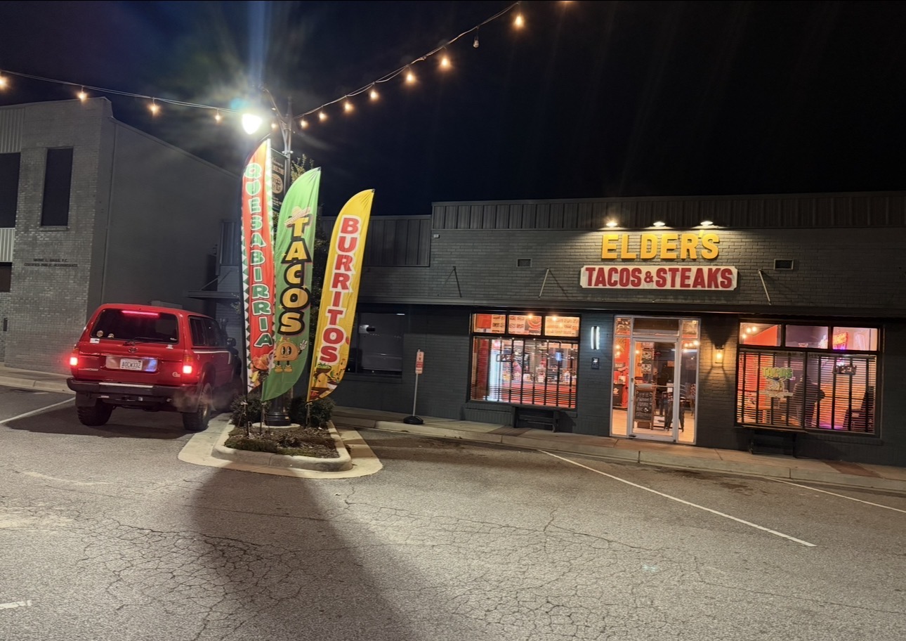 Front of Elder's Tacos & Steaks in downtown Hamilton, Alabama during the day